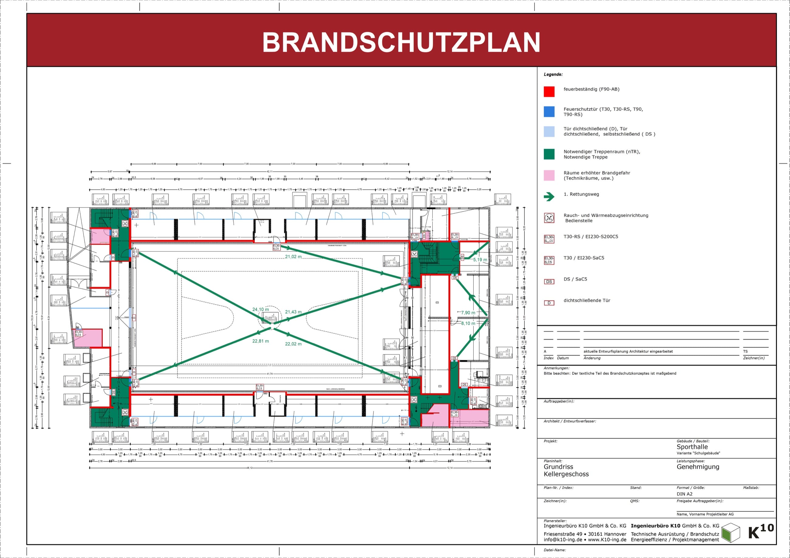 Brandschutzplan Grundriss Kellergeschoss einer Sporthalle mit farbig markierten Bauteilen und bemaßten Rettungswegen