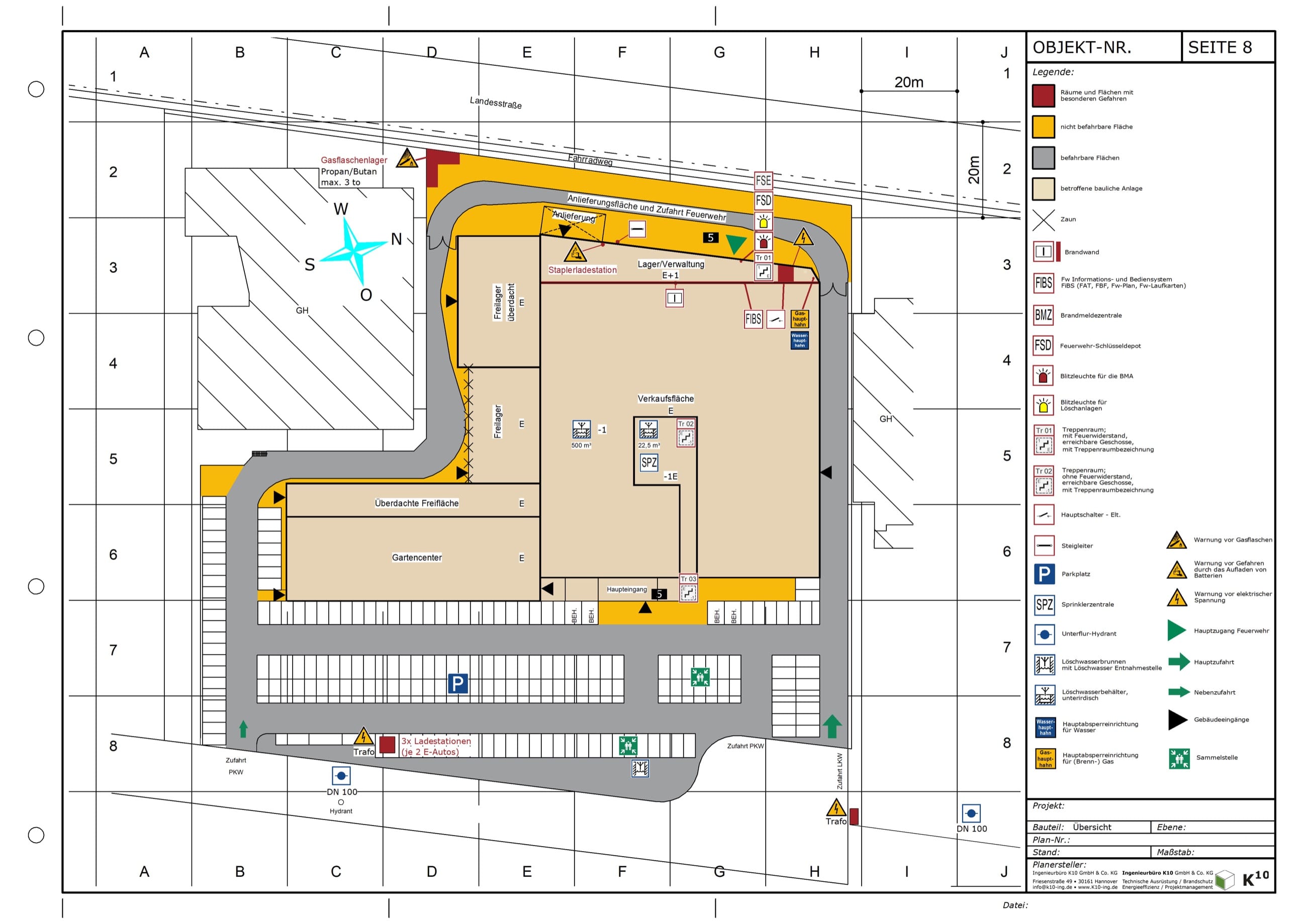Feuerwehrplan Übersichtsplan mit befahrbaren Flächen, Hydranten, Sammelstelle, Gasflaschenlager und Legende