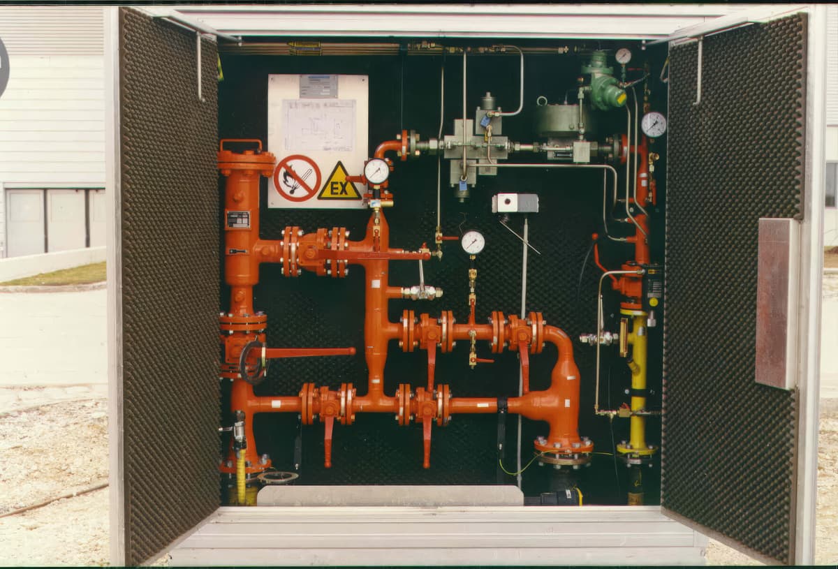 Geöffneter Außenschrank einer Gasregelstation mit rot lackierten Armaturen, Manometern, Regler und Ex-Warnschild